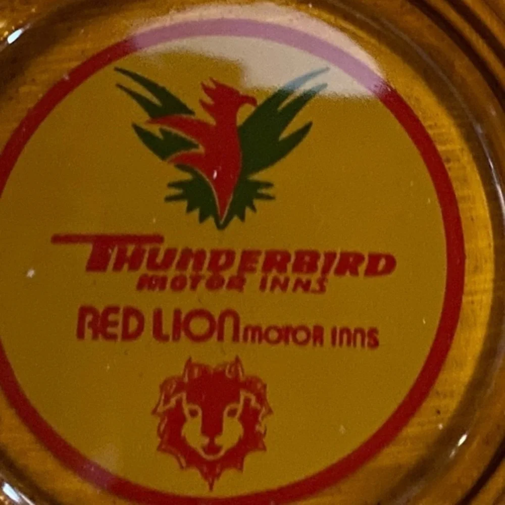 Vintage Advertising Thunderbird Red Lion Ashtray Golden Amber Glass Red Green